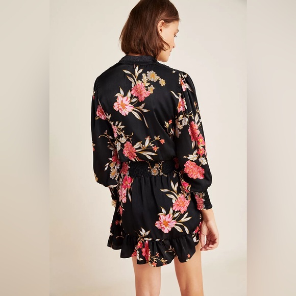 Misa Los Angeles Iyana Tie-Neck Smocked Waist Mini Dress Black Floral Size Large - Picture 3 of 10